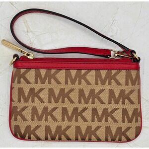 Michael Kors Jacquard Monagram Wristlet‎ Mini Bag Red Leather Signature Lining